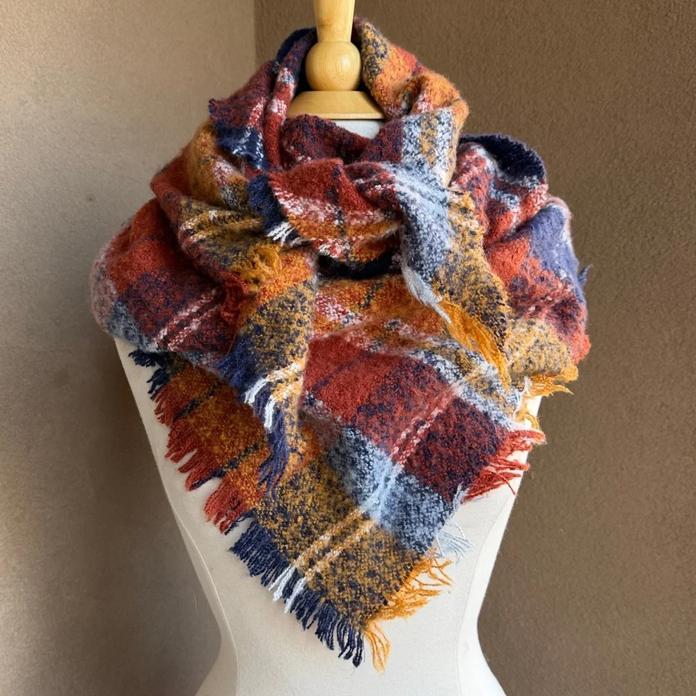 Plaid Fringe Shawl/Blanket scarf in earth tone rust, navy and gold